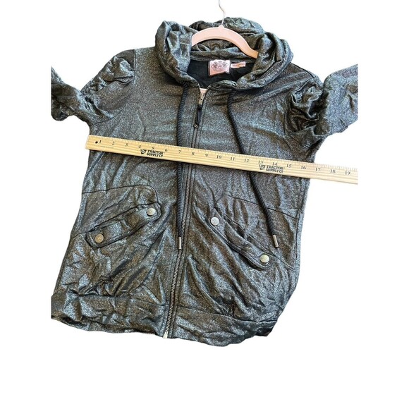 Juicy Couture Black Metallic Wet‎ Look Zip Up Hoodie Jacket Size M Lightweight - Picture 12 of 14